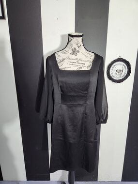 Satin Gothic Black Square Neck Long Sleeve Dress